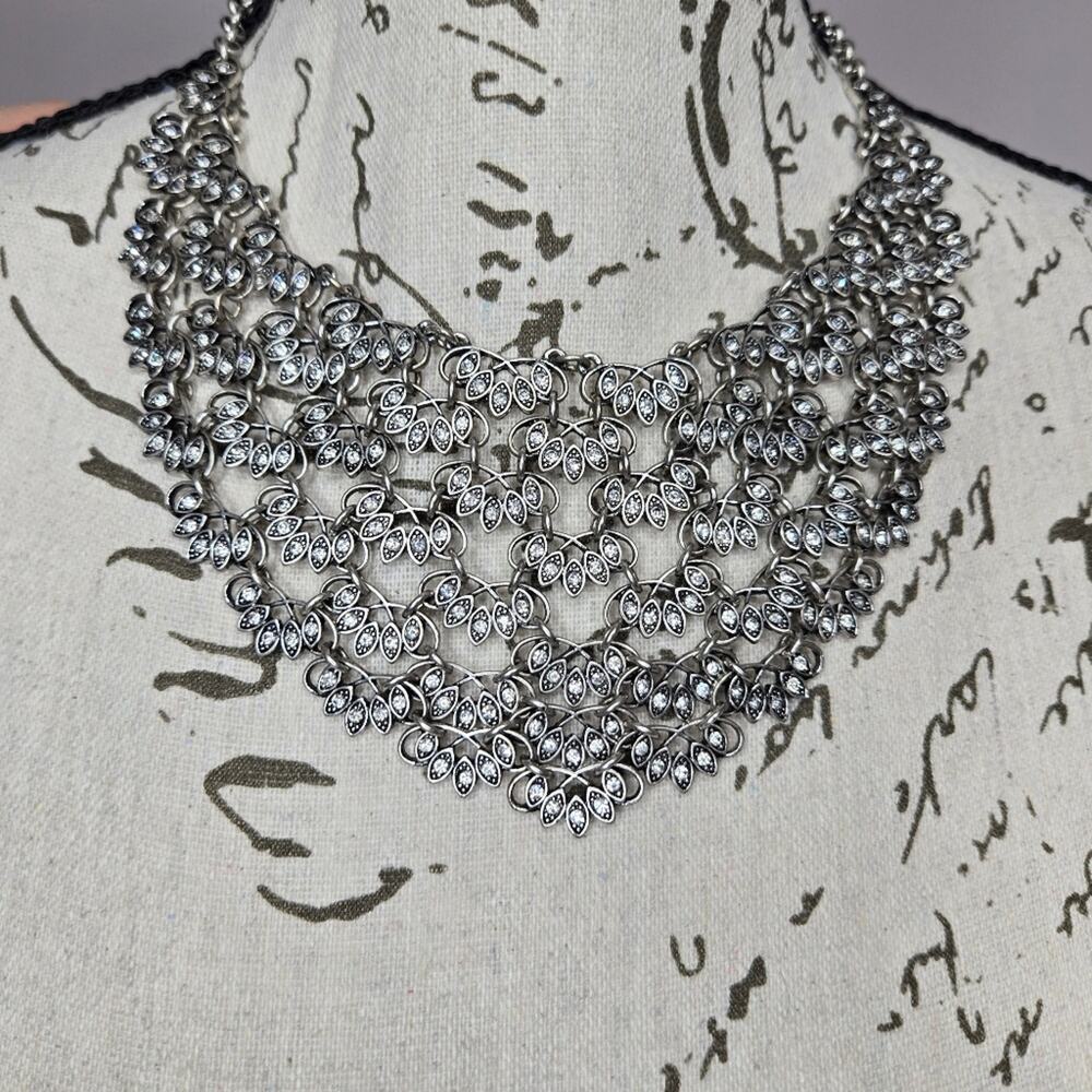 Silver Princess Gem Cluster Bib Necklace Prom Wedding Cocktail Jewelry